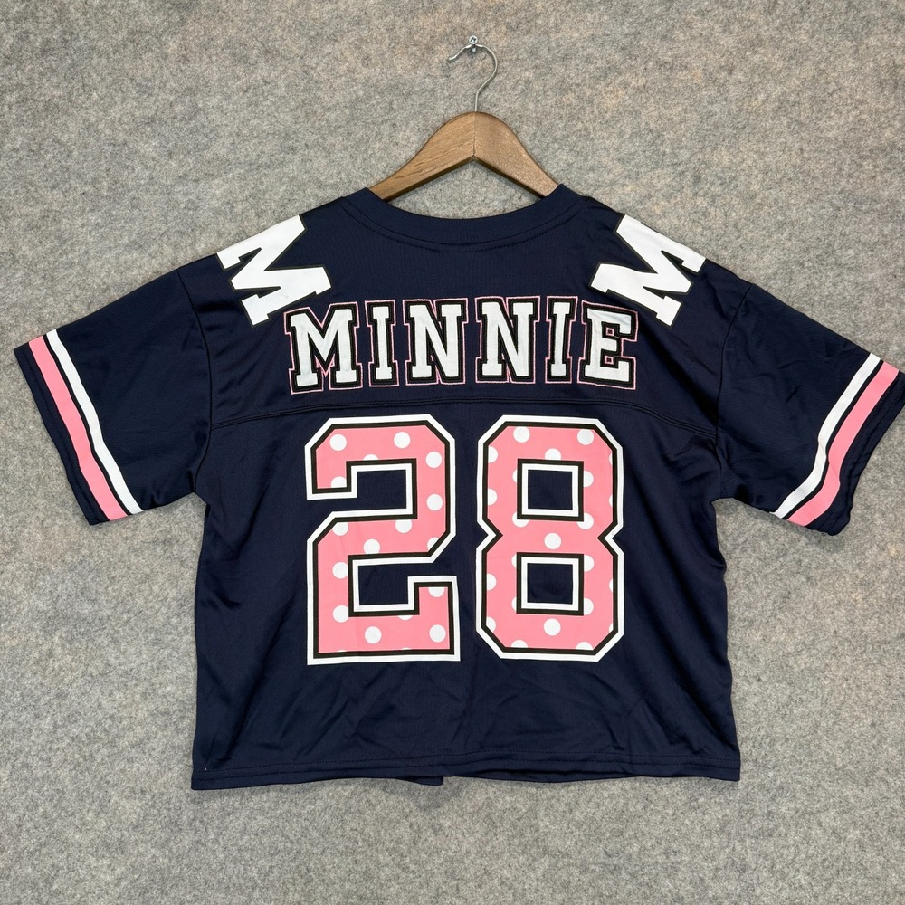 Disney Minnie Mouse Football Jersey Women Large Cropped Polka Dot Navy Blue Pink